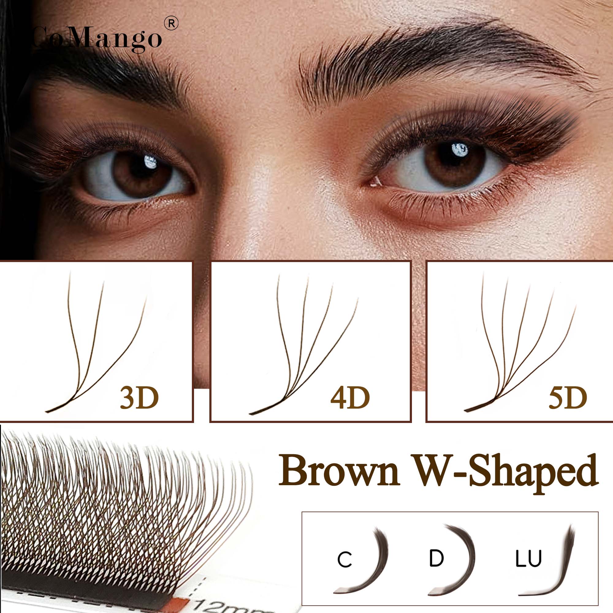 Eyelash Extension Volume Styles - CoMango C/D/LUブラウン 3D/4D/5D W字型まつげエクステ プレメイドボリュームファン Wスタイルまつげ
