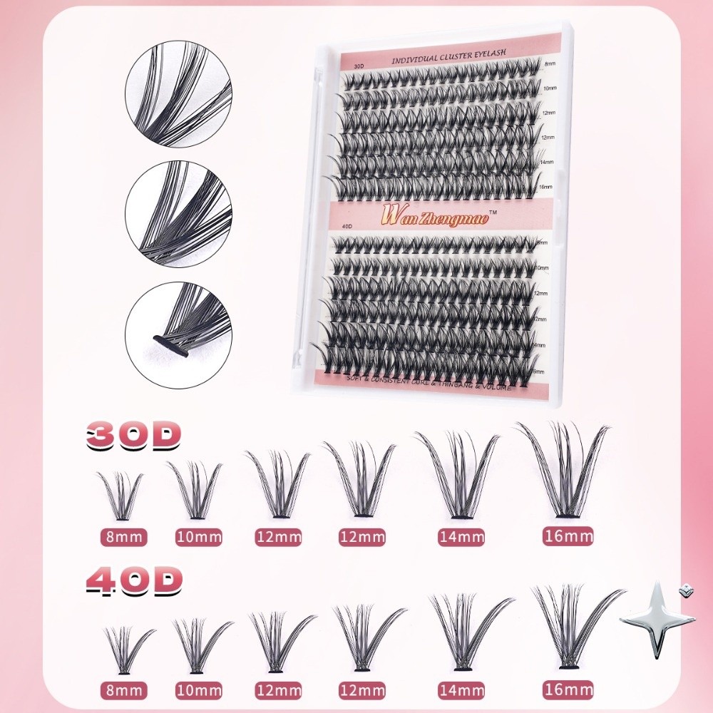 Eyelash Extension Kits - 8-16mmの長さのつけまつげ、接着剤とシーラー付き、自然な見た目DIYまつげエクステキット、ウィスピー風クラスターデザインのつけまつげ